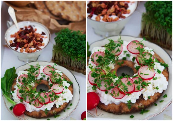 Knäckebröd med keso, krasse och rädisor