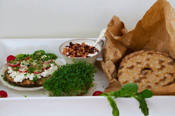 Knäckebröd med keso, krasse och rädisor